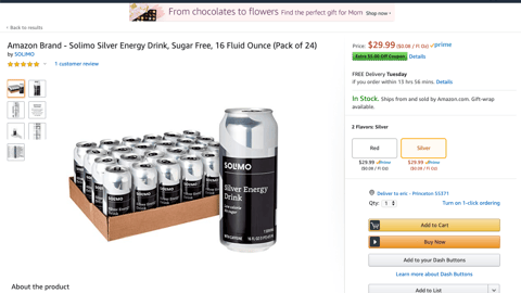 Amazon Solimo Silver Energy Drink Product Page